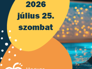 Poster announcing the event date: '2026 július 25. szombat' with the Magyar Fürdőszövetség logo on orange and yellow shapes.