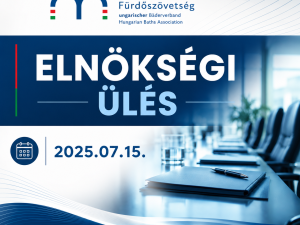 Banner for the Hungarian Baths Association event: Elnökségi ülés meeting title with date 2025.07.15, in a blue conference room design.