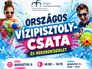 Colorful poster for a national water fight event by the Hungarian Baths Association, featuring two people with water guns splashing water and bold event text.