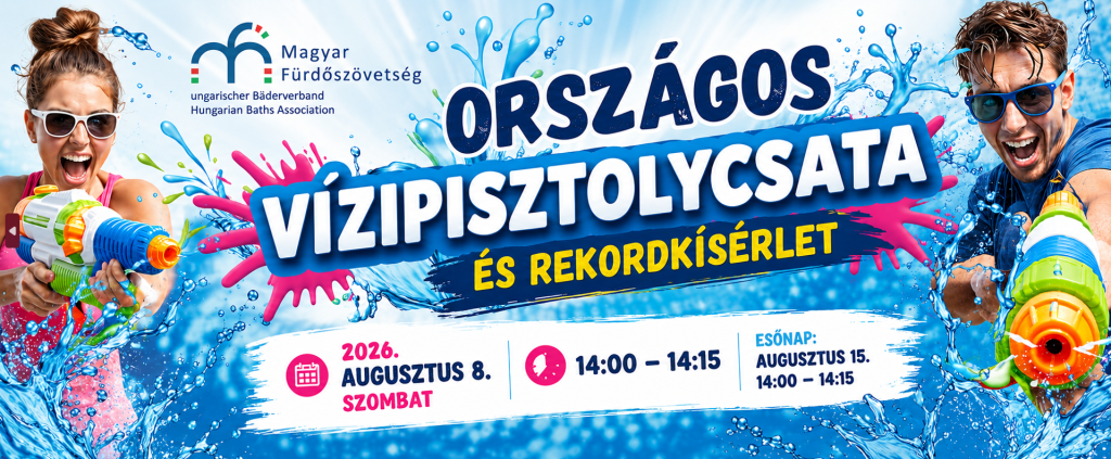 Promotional banner for a national water‑pistol fight and record attempt, showing two people with water guns and splash graphics; date Aug 8, 2026, 14:00–14:15.