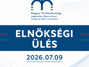 Logo of the Magyar Fürdőszövetség (Hungarian Baths Association) with blue arches and small red/green marks, plus line art; text beneath reads 'Magyar Fürdőszövetség ungarischer Bäderverband Hungarian Baths Association'
